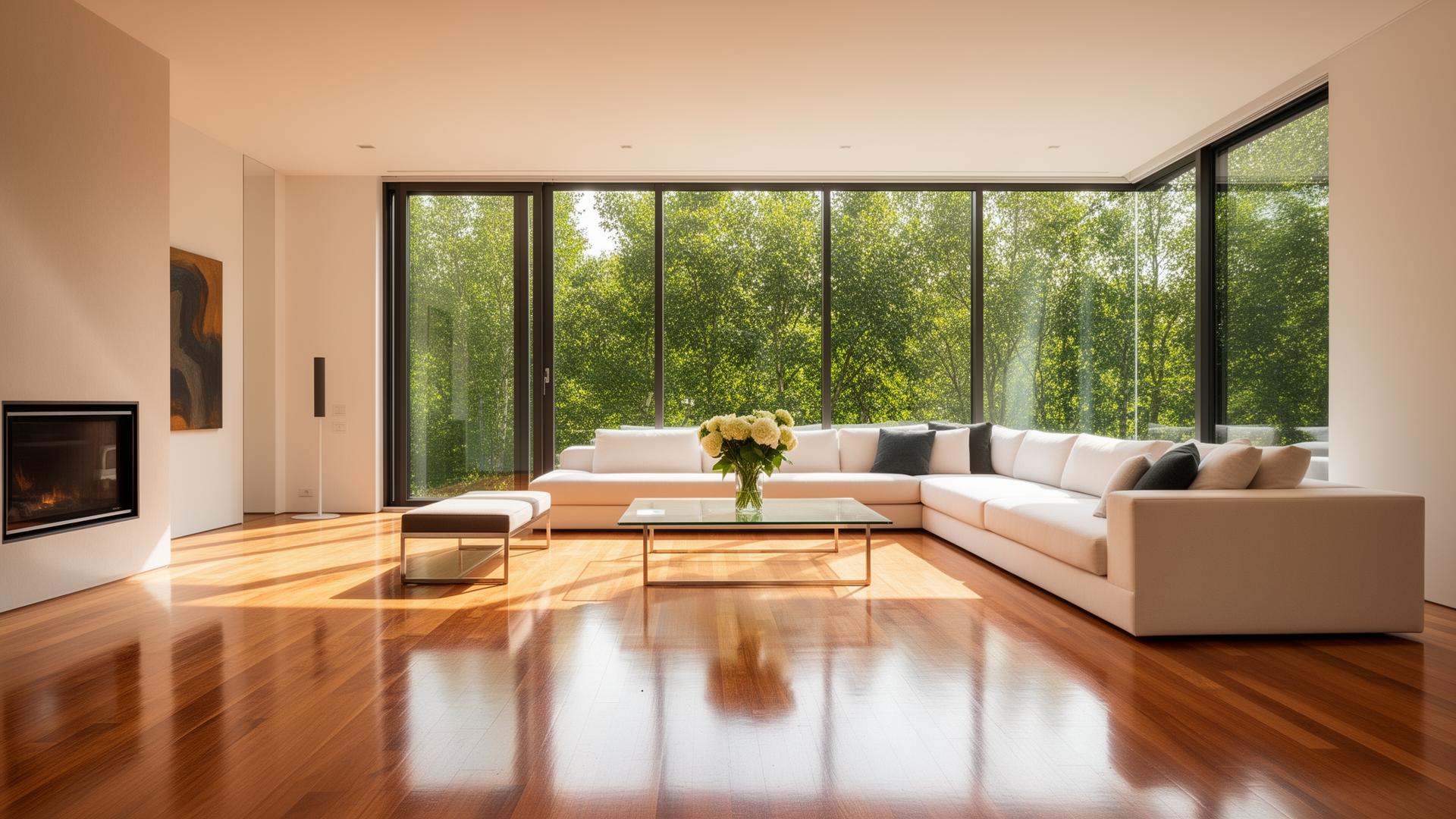 Beautifully clean luxury living room with pristine hardwood floors