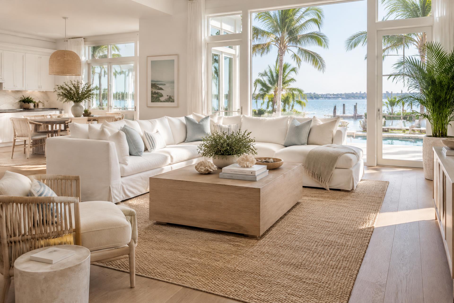Bright, spotless coastal Florida living room in Sarasota